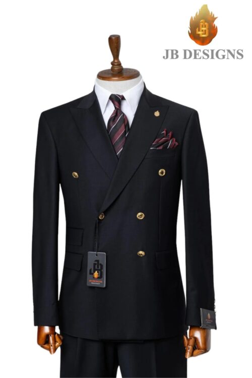 A JB 100% Wool Black Double Breasted Gold Buttons Suit