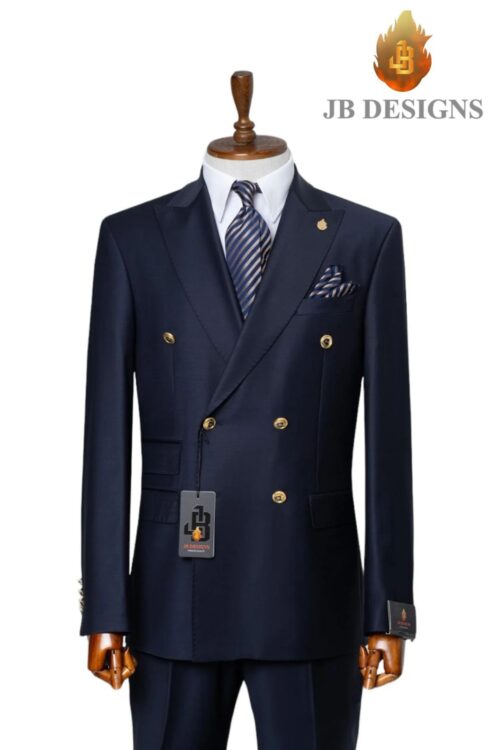 A JB 100% Wool Blue Double Breasted Gold Buttons Suit