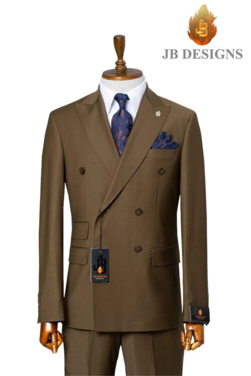A JB 100% Wool Brown Double breasted Brown Buttons Suit