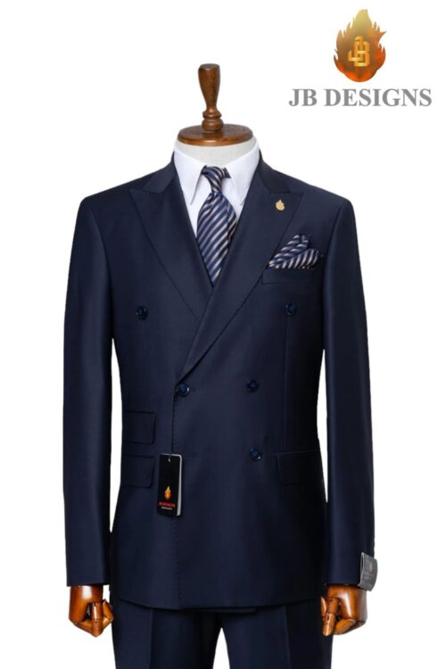 A JB 100% Wool Dark Blue Double Breasted Blue Buttons Suit