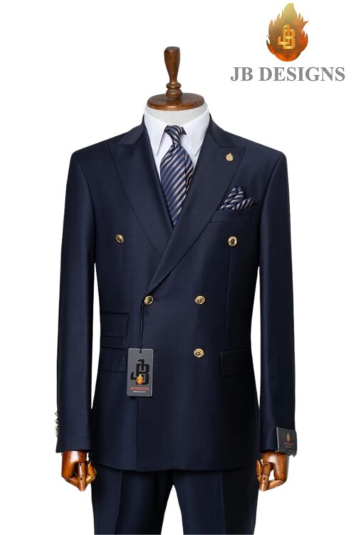 A JB 100% Wool Dark Blue Double Breasted Gold Buttons Suit