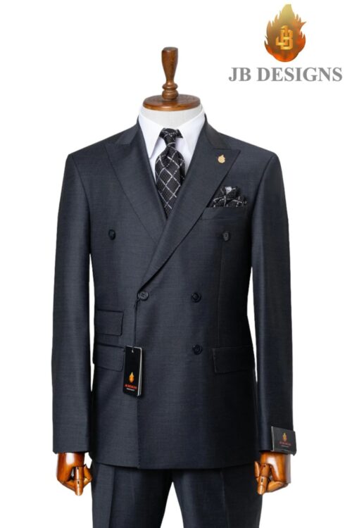 A JB 100% Wool Grey Double Breasted Black Buttons Suit