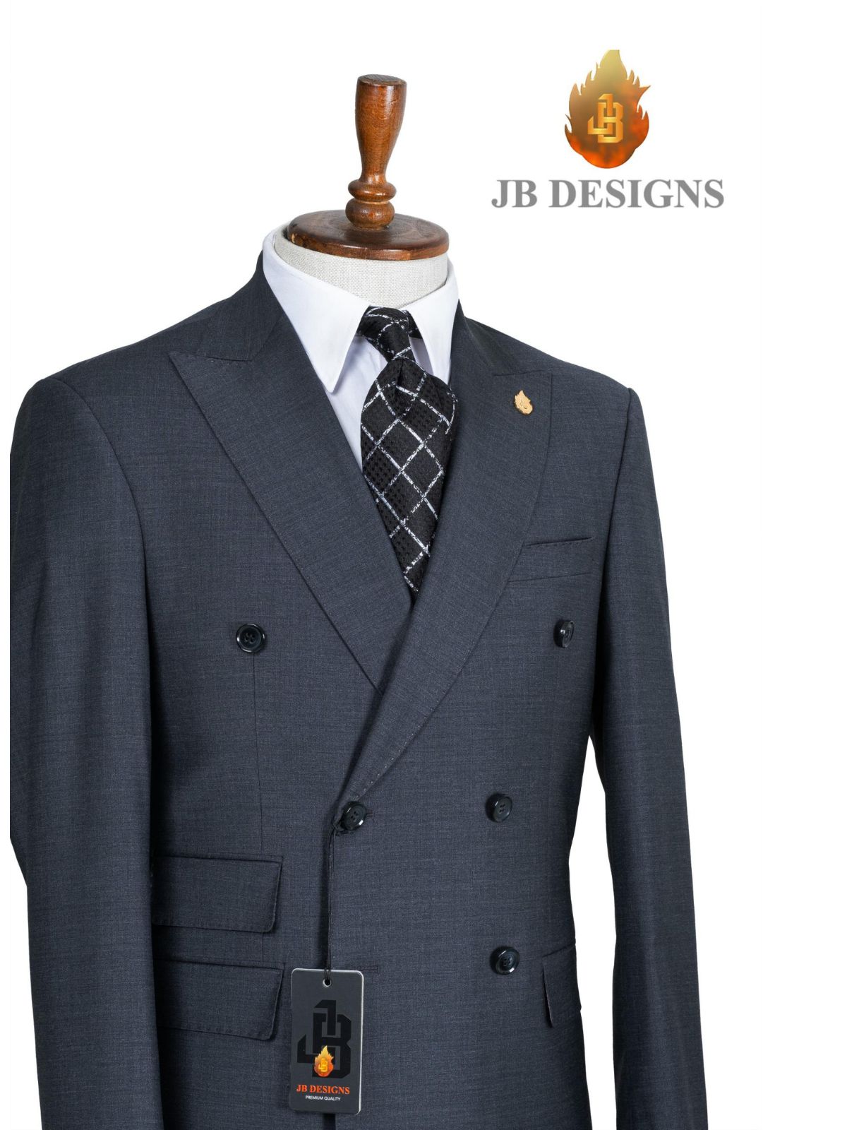 A JB 100% Wool Grey Double Breasted Black Buttons Suit - Image 2