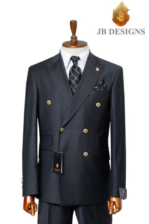 A JB 100% Wool Grey Double Breasted Gold Buttons Suit