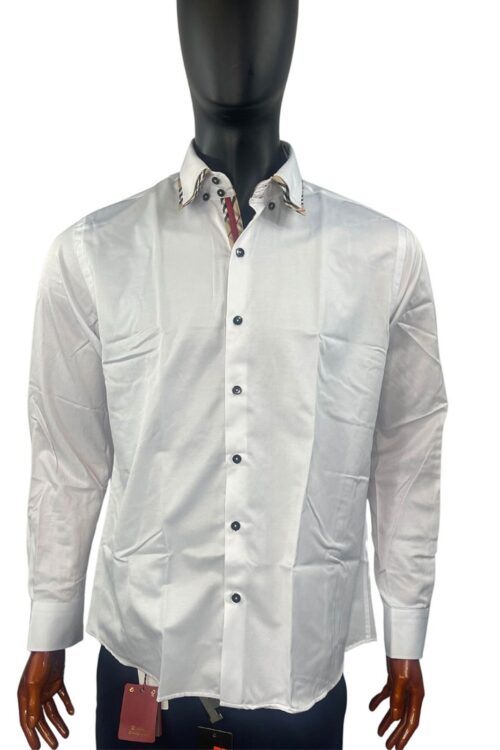 Brown Checked Patterned Neckline White Shirt