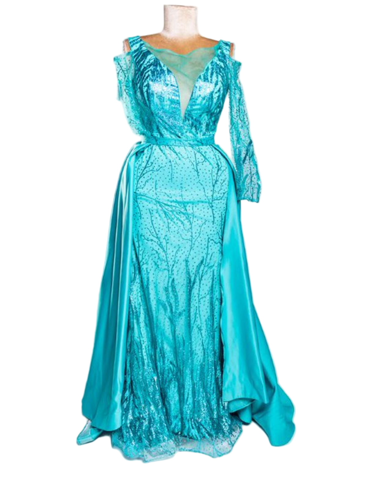 Floor Length Glittery Party Anniversary Prom Dress with Cape/Train - Image 2