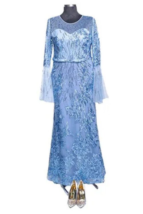 Flowery Design Beads Embellished Long Sleeve Party Anniversary Dress