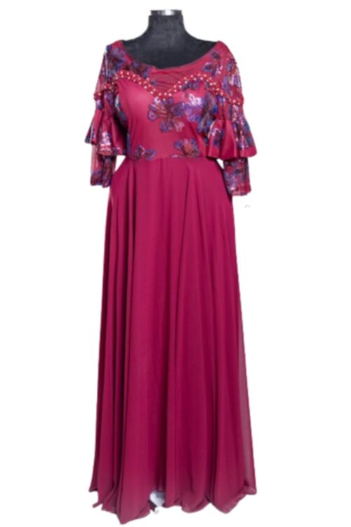 Flowing Gown Peplum Elbow Sleeve Length Dress