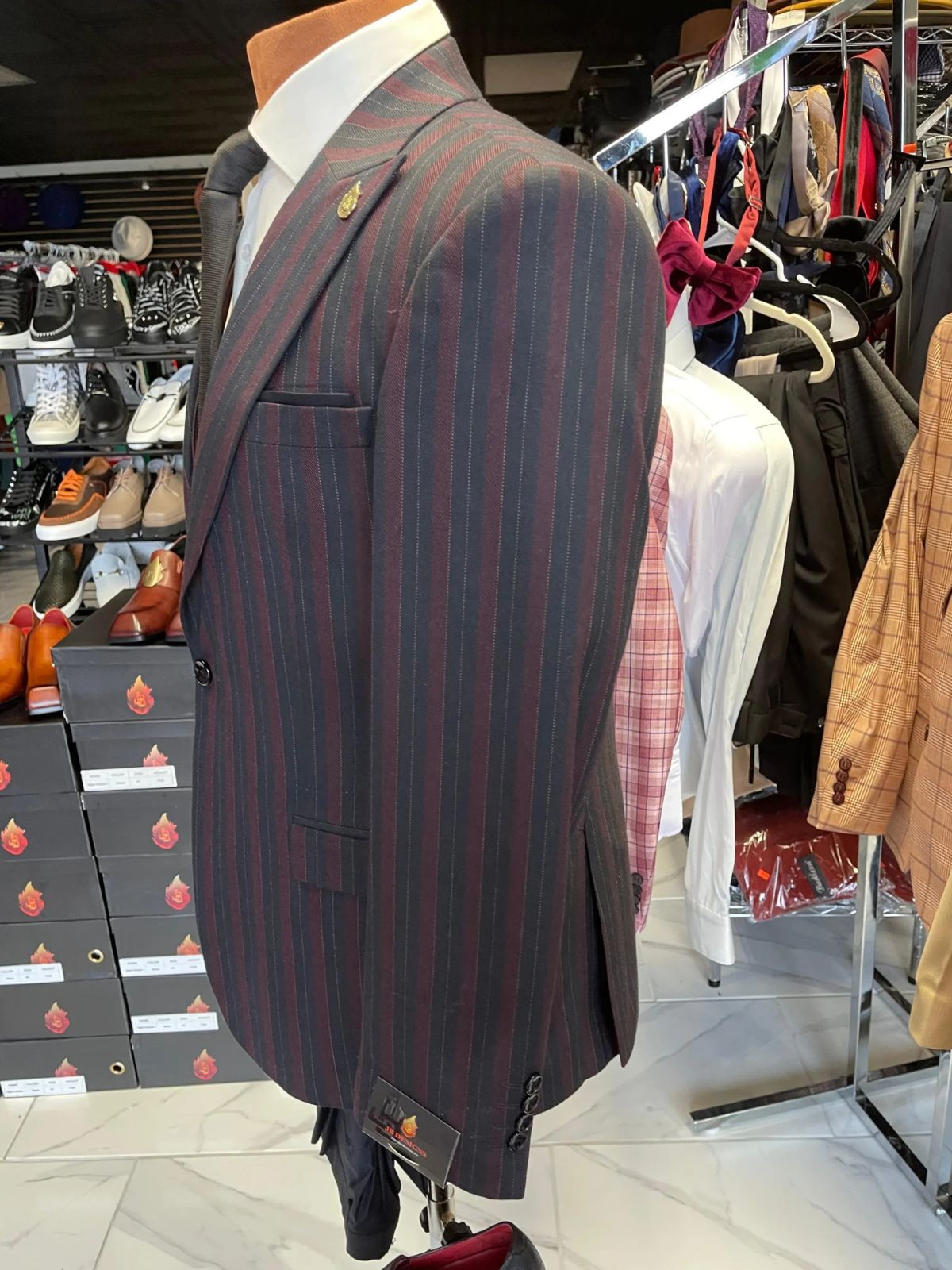 JB Dark Blue & Burgundy Striped Plaid Suit Set - Image 4