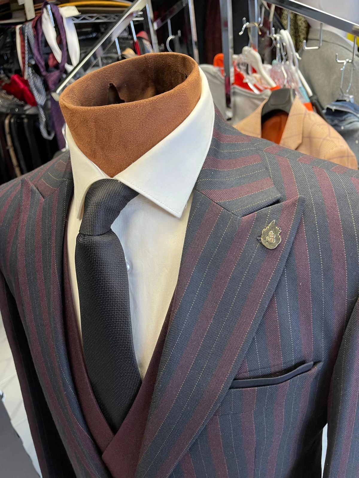 JB Dark Blue & Burgundy Striped Plaid Suit Set - Image 5