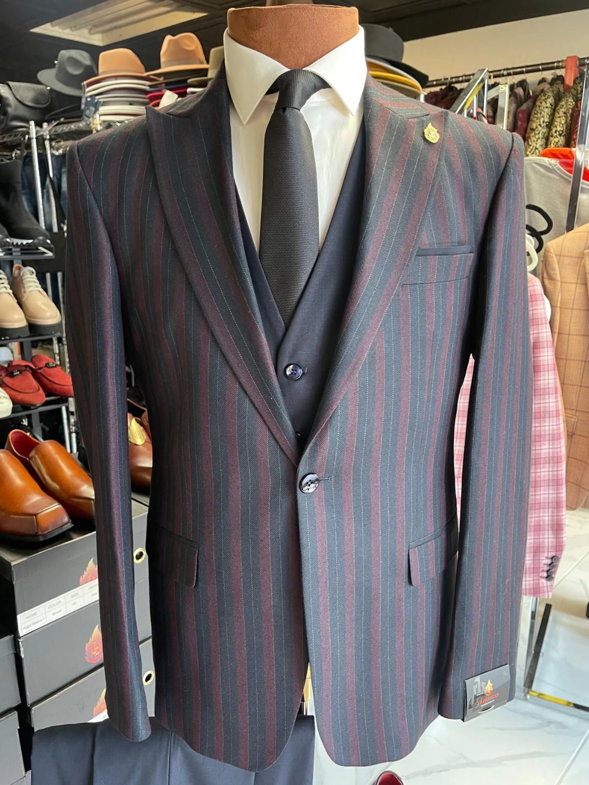 JB Dark Blue & Burgundy Striped Plaid Suit Set - Image 6