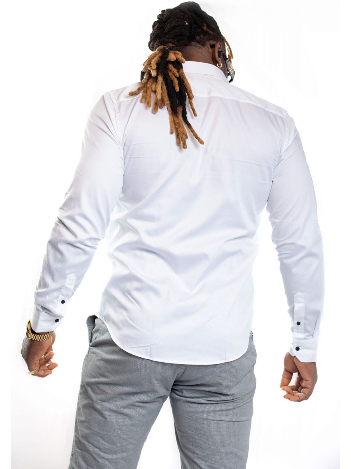 JB Design Bright White Long Sleeve Cotton Shirt with Black Buttons - Image 2