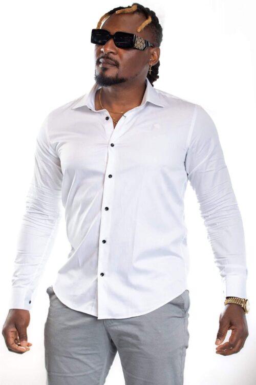 JB Design Bright White Long Sleeve Cotton Shirt with Black Buttons