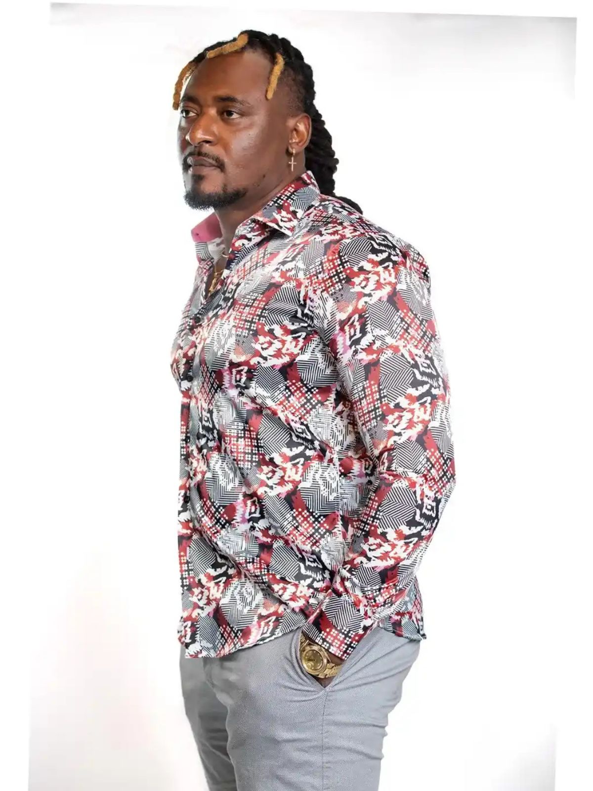 JB Designs Abstract Red Patterned Silk Shirt