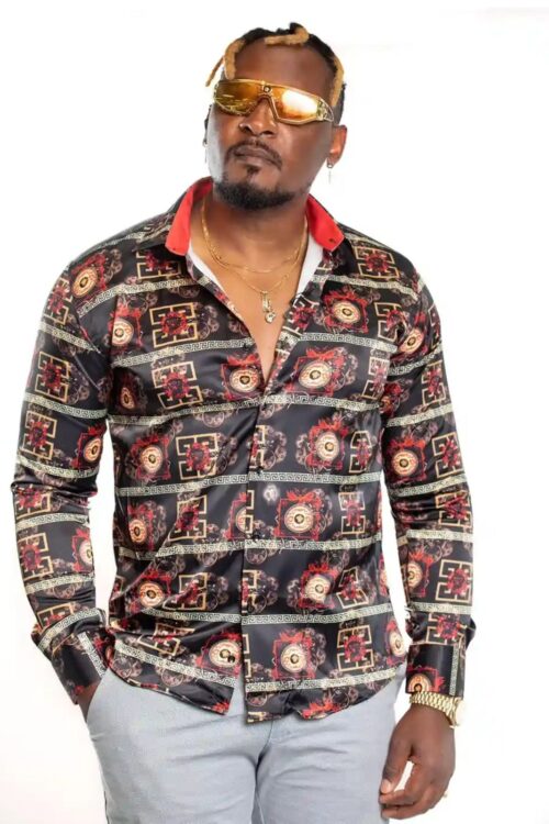 JB Designs Black and Red Chinoiseries Patterned Silk Shirt