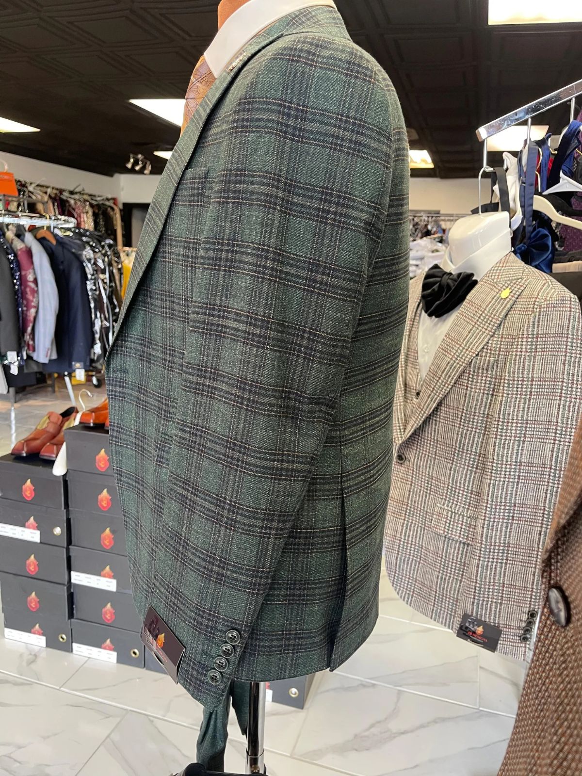 JB Olive Green and Black Plaid 3pc Suit Set - Image 4