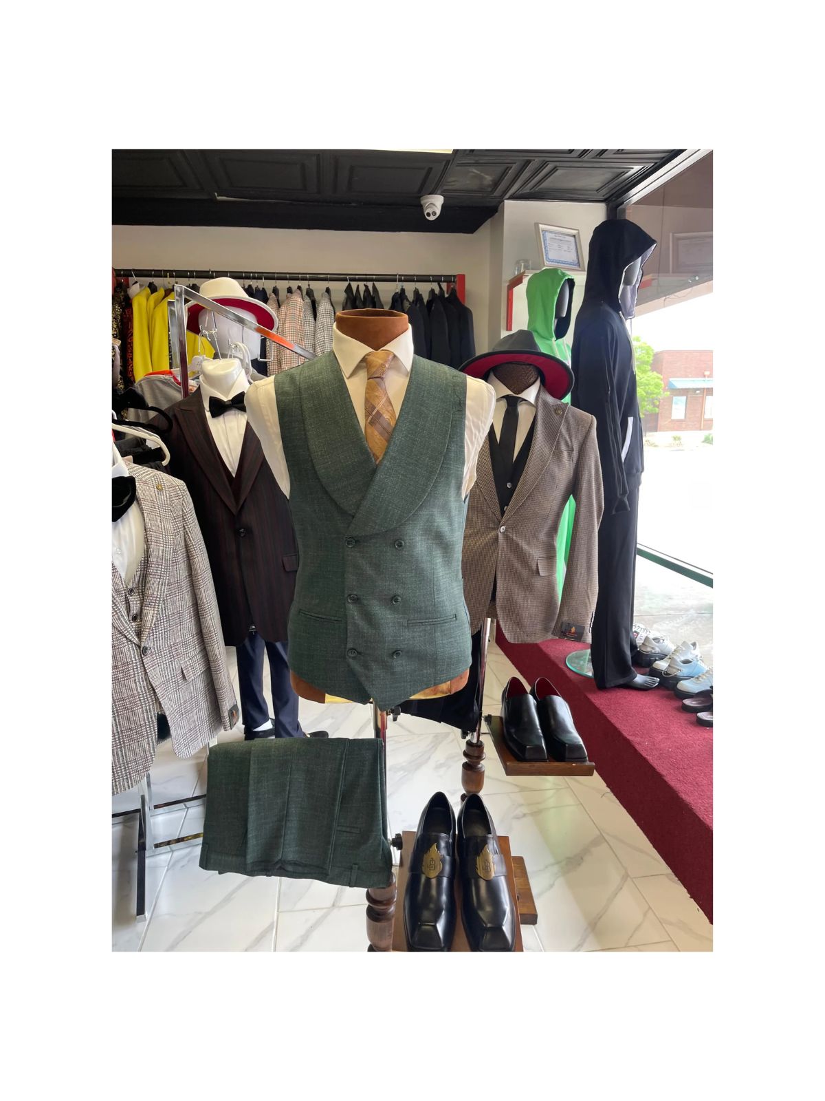 JB Olive Green and Black Plaid 3pc Suit Set - Image 6