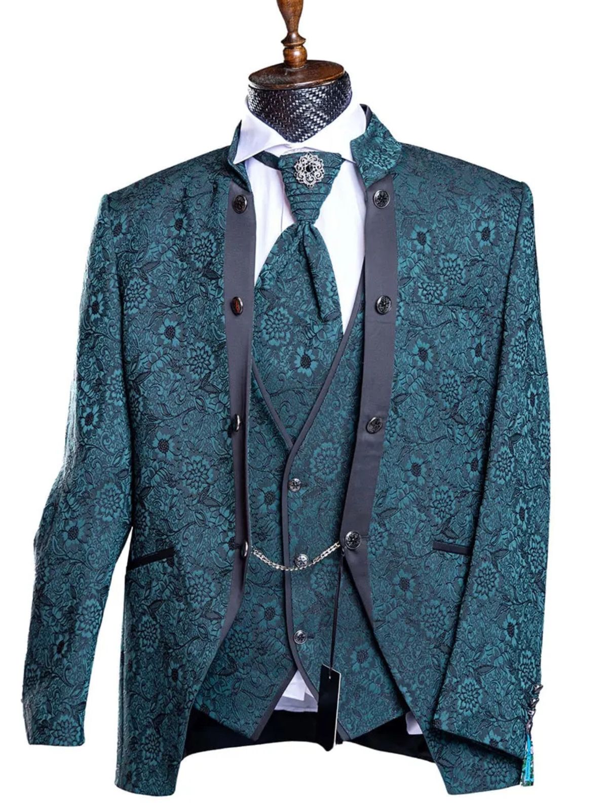 JB Quesste Men’s 3pc Floral Green Jodhpuri Suit Set - Image 3