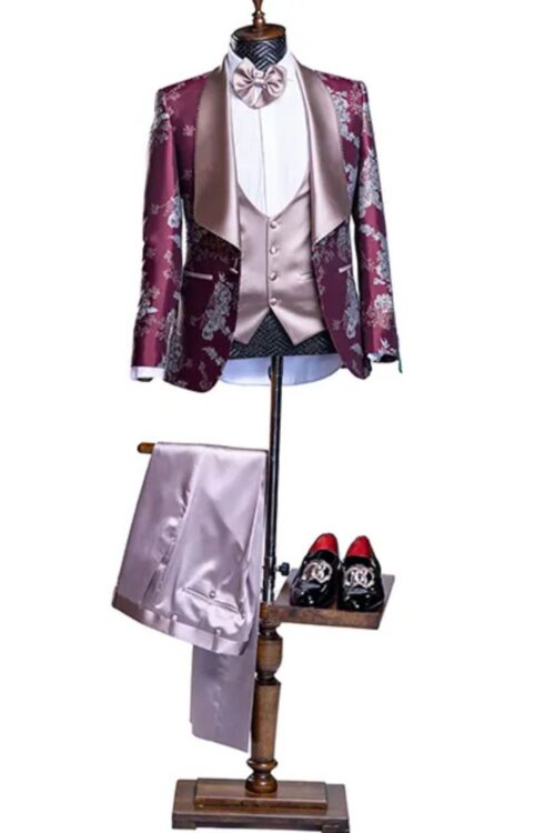JB Quesste Men’s 3pc Jackquard Shawl Neck Blazer Slim Fit Suit Set