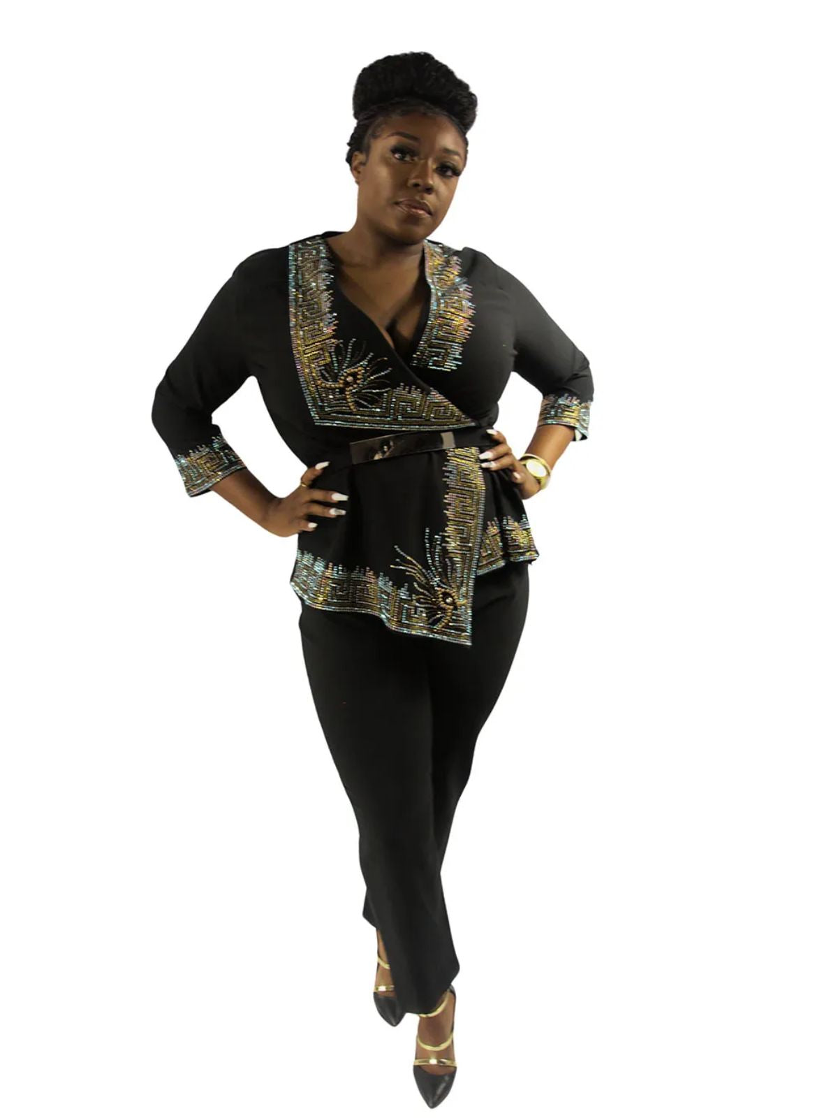 Ladies 2pc Pant and Blouse Party Cocktail Set with Belt - Image 2