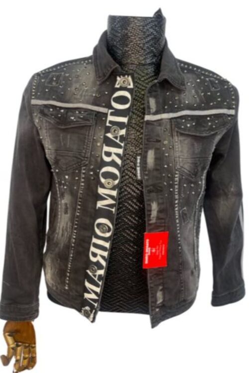 Men’s Black Denim Jacket Long-sleeved Button-down Style Accessorized Finish