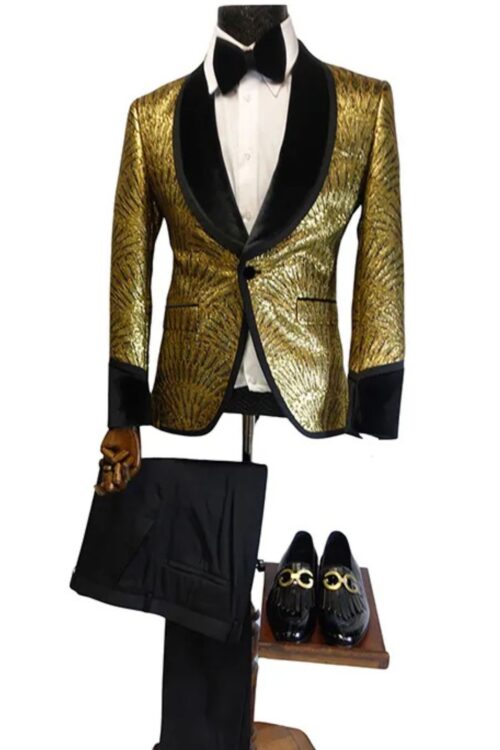 QUESSTE Men’s Golden 2 Piece Slim Fit, Single Breasted Suit