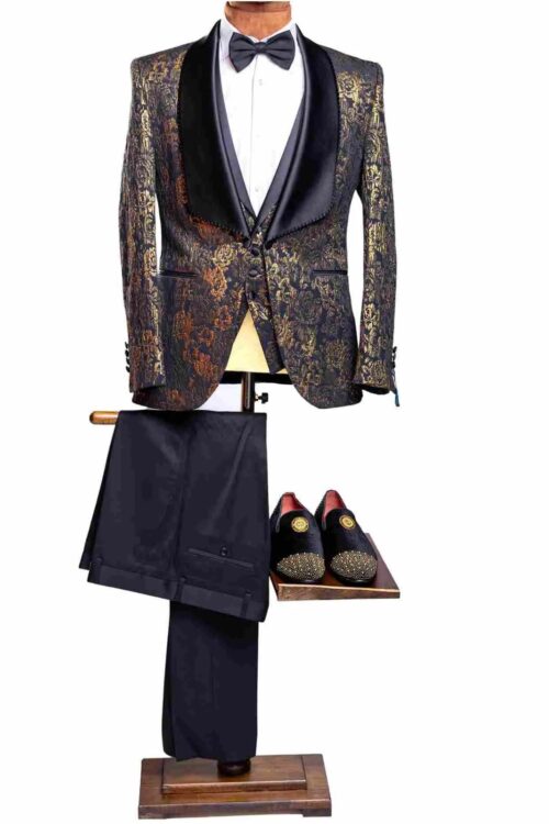JB Quesste Men’s 3pc Slim Fit Shimmery Black and Gold Suit Set