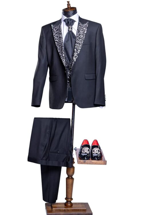 Quesste Men’s 4pcs Slim Fit Suit Set with Floral vest