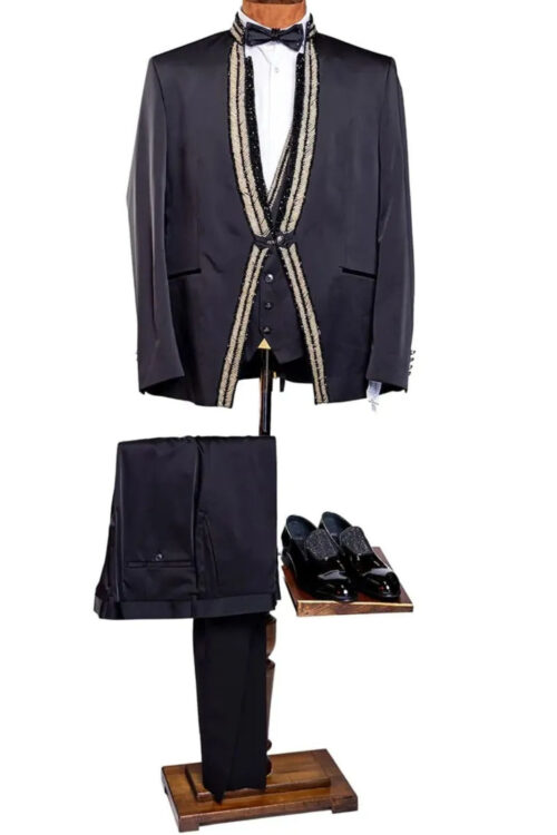 Rabin 3pcs Long Black Suit with Beads Designed Collar and Button line