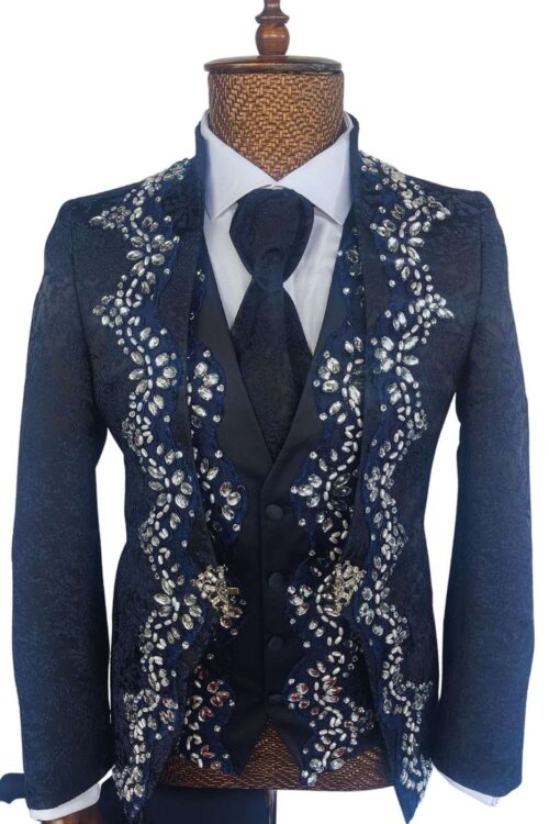 Rabin Men’s 3Pc Navy Blue Jodhpuri Suit With Faux Pearls
