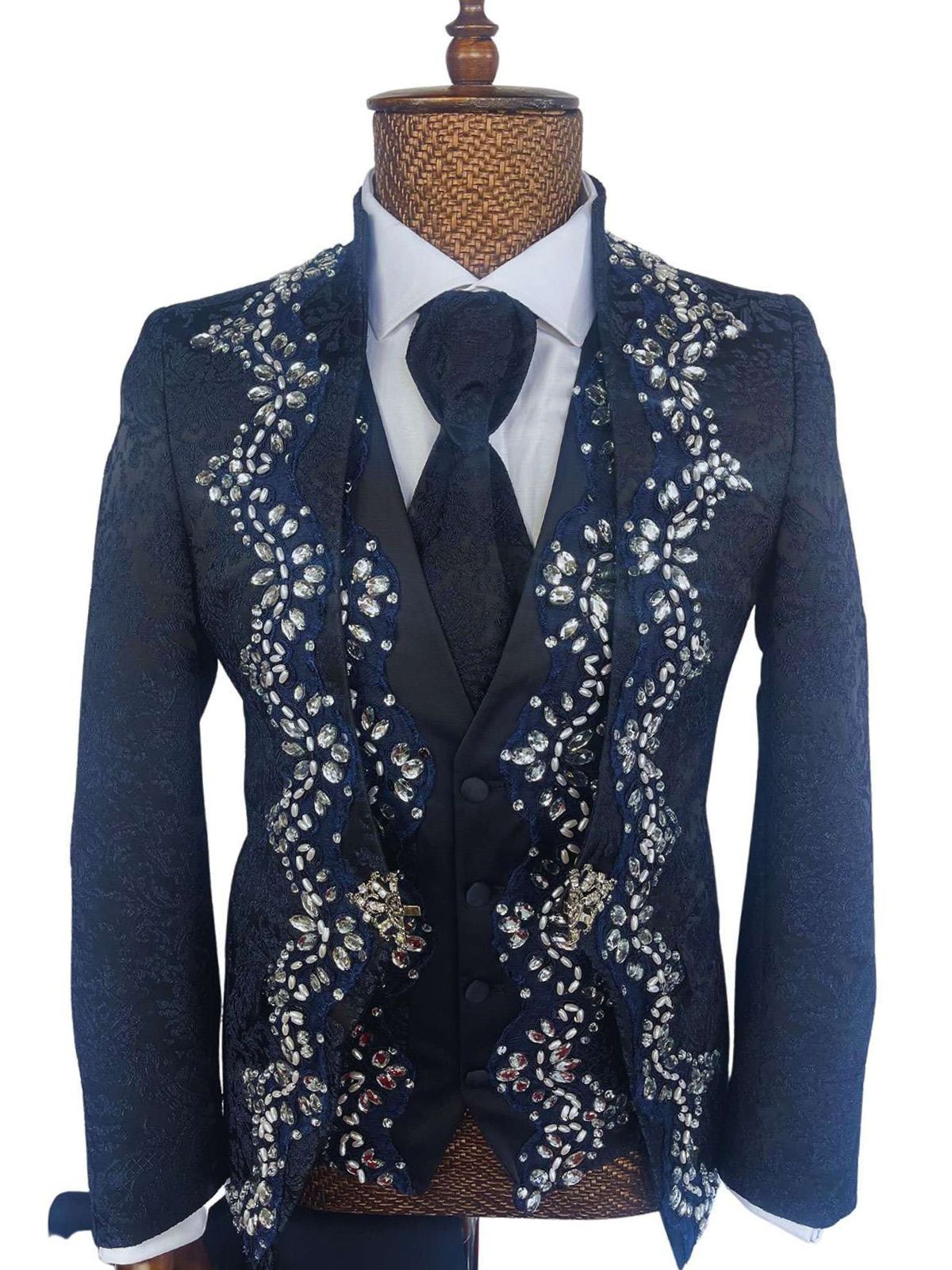 Rabin Men’s 3Pc Navy Blue Jodhpuri Suit With Faux Pearls