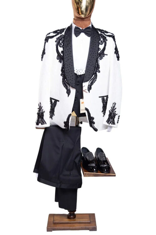 Rabin Men’s 3pc Ivory White Beads Embellished Wedding Suit Set