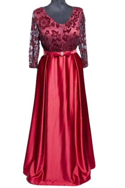 Satin Ball Gown Long Sleeve Dress with Sheer Lace and Belt