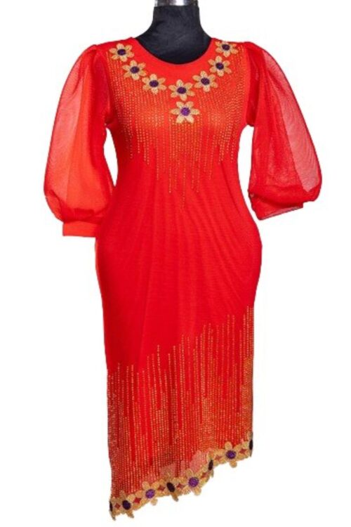 Scarlet Red Party Dress with Shiny Gold Sequence