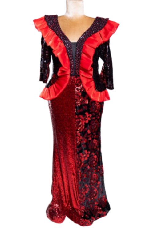 Sequin Floor Length Peplum Long Sleeve Dress