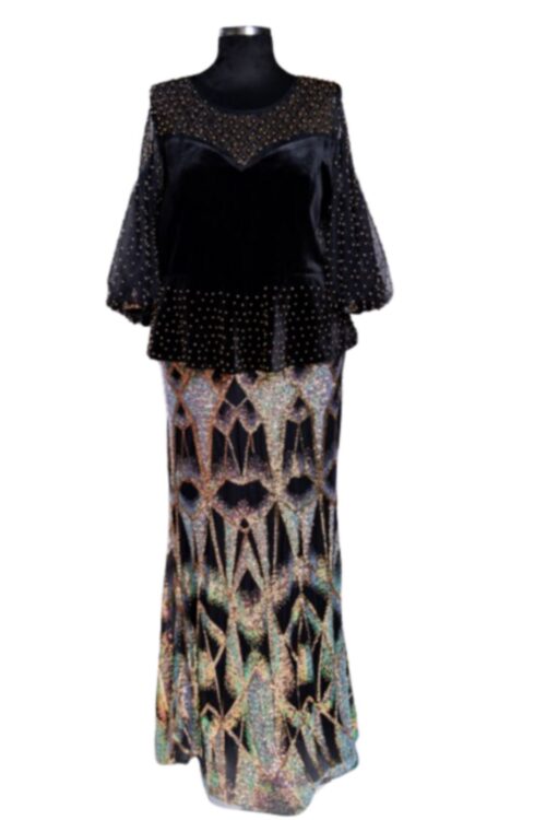Sequin Floor Length with Peplum and Puffy Long Sleeves Party Dress