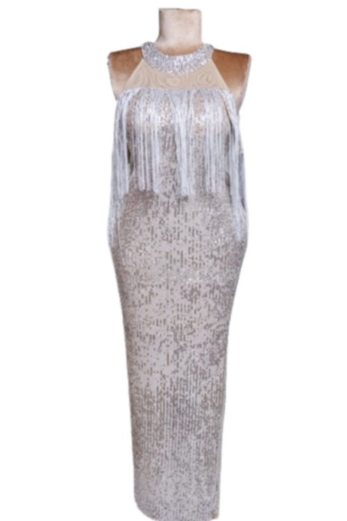 Sequin Fringes Party Prom Dress with Halter and Off Shoulder Sleeves