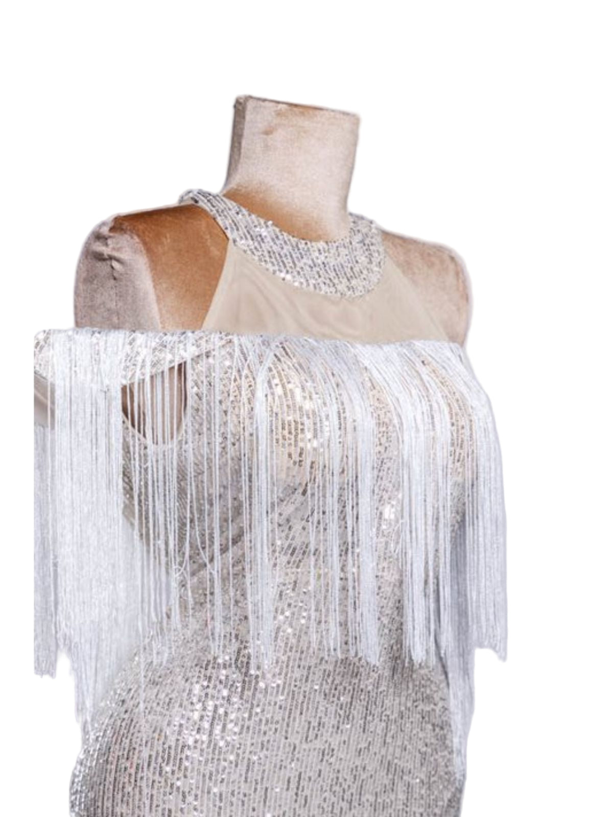 Sequin Fringes Party Prom Dress with Halter and Off Shoulder Sleeves - Image 3