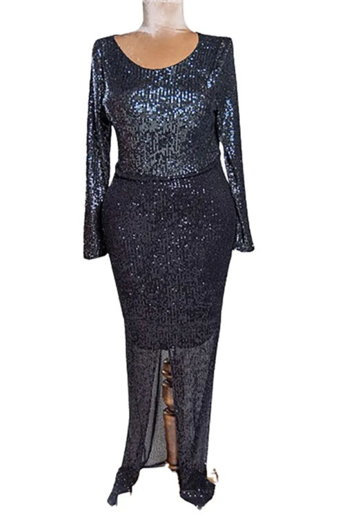 Sequin Front Slit Long Sleeve Party Dress