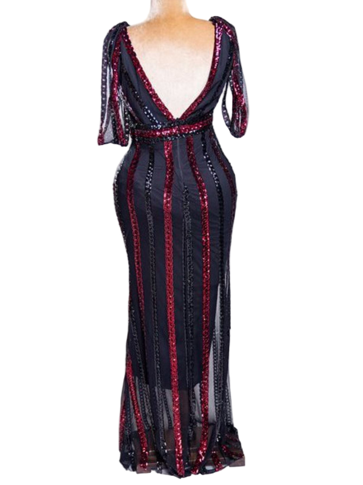 Sheer Lace and Sequin Floor Length Stretchy Fit Party Dress - Image 3