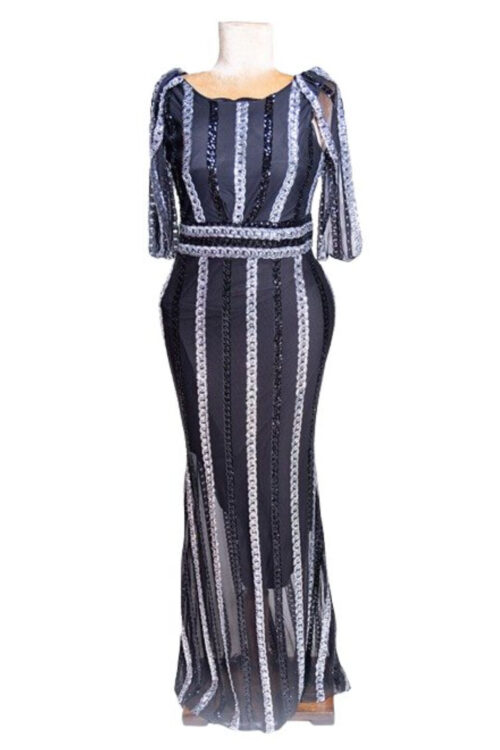 Sheer Lace and Sequin Floor Length Stretchy Fit Party Dress