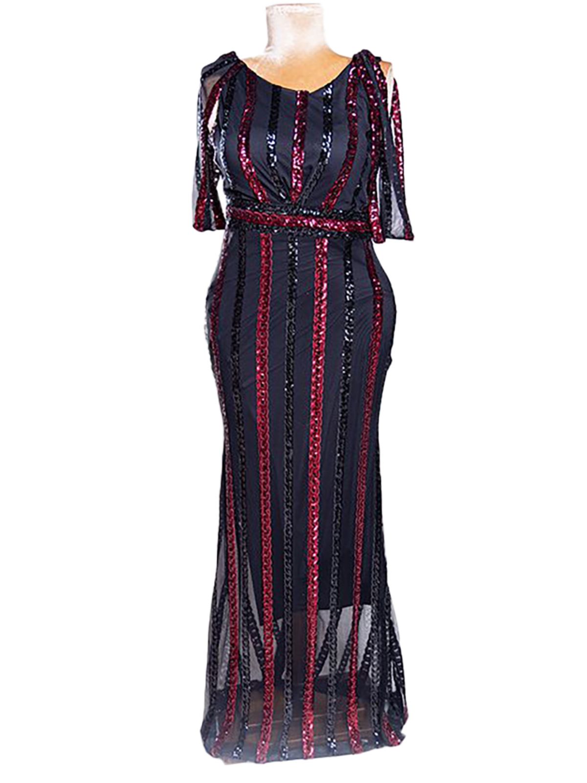 Sheer Lace and Sequin Floor Length Stretchy Fit Party Dress - Image 2