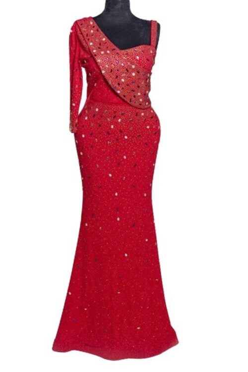 Stretchy Fit Stoned Dress with One Long Sleeve and Sleeveless
