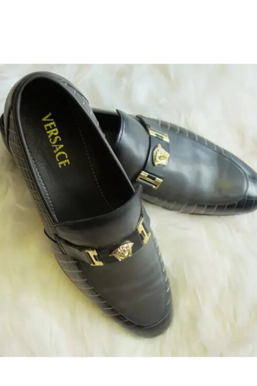Stylish Black Leather Oxford Dress Shoe with Gold Accessories