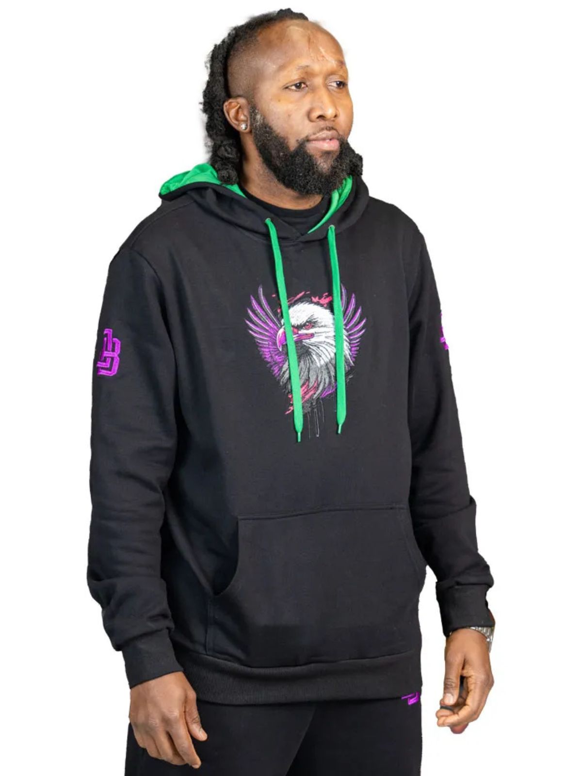 Stylish Unisex Black Cotton Tracksuit with Purple Eagle Graphic