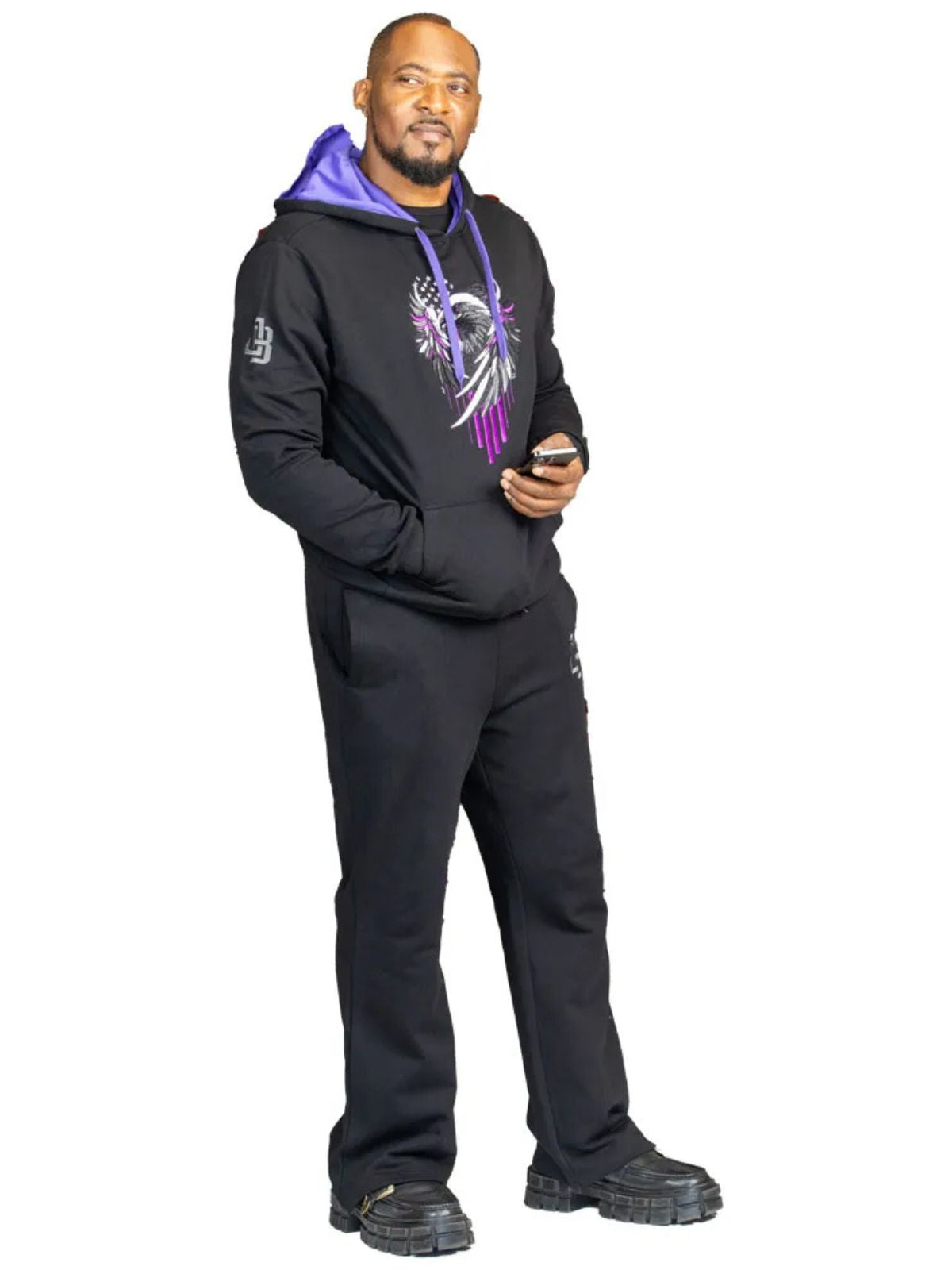 Stylish Unisex Black Cotton Tracksuit with Purple Eagle Graphic - Image 4