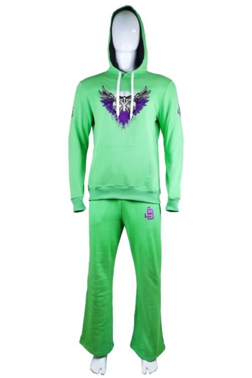 Stylish Unisex Lime Green Cotton Tracksuit with Purple Eagle Graphic